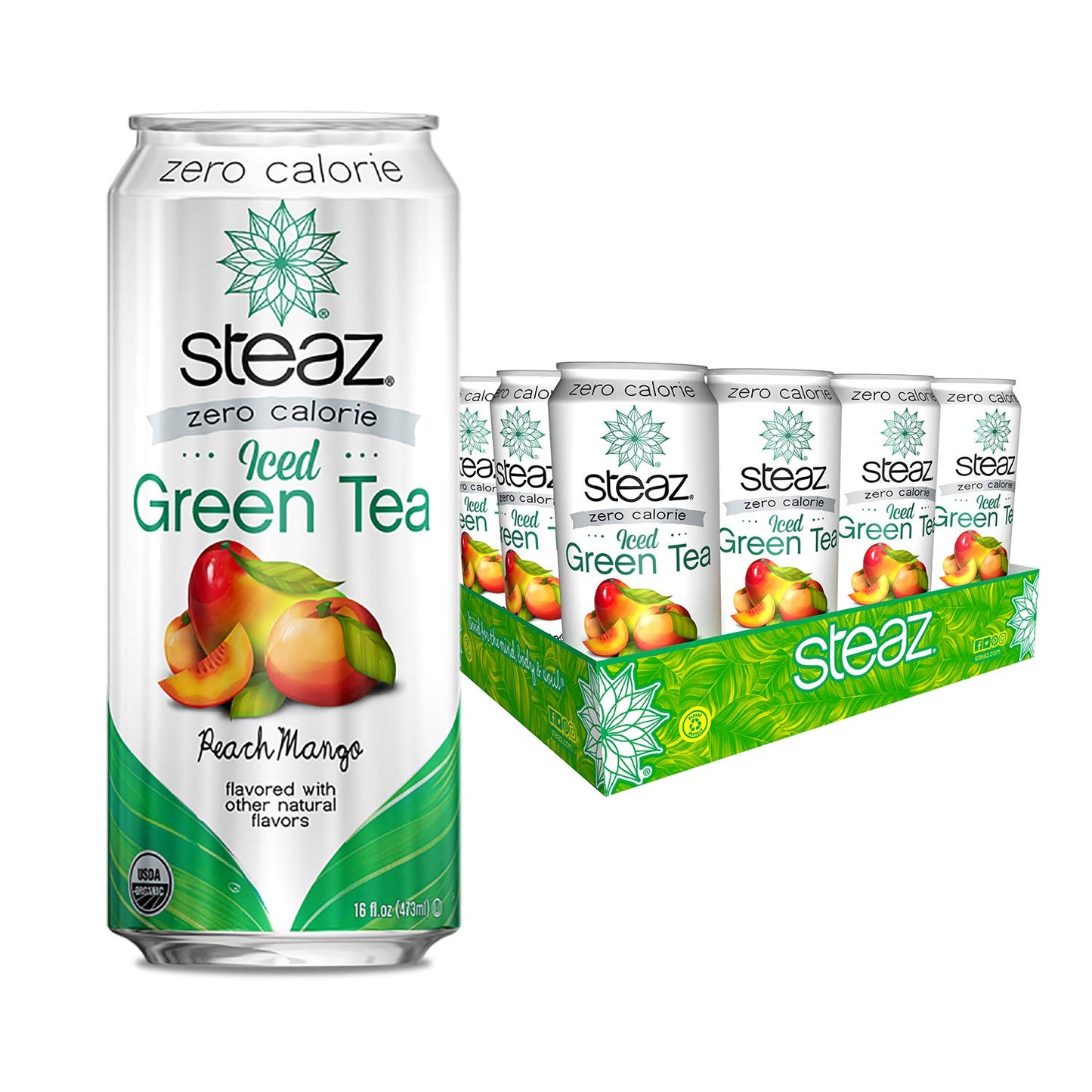 Steaz Organic Zero Calorie Iced Green Tea, Peach Mango Zero Calorie, 15.99 Fl Oz (Pack of 12), 192.0 Fl Oz