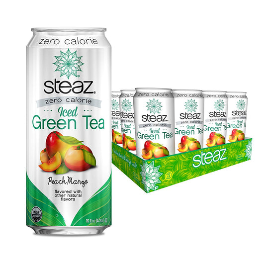 Steaz Organic Zero Calorie Iced Green Tea, Peach Mango Zero Calorie, 15.99 Fl Oz (Pack of 12), 192.0 Fl Oz