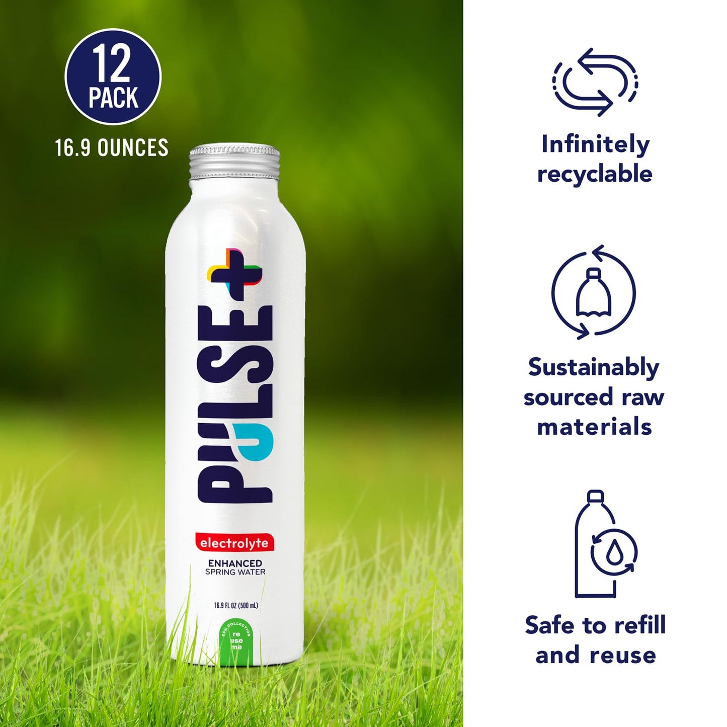 Pulse+ Electrolyte Water - Naturally Filtered Spring Water in 16.9-Ounce Aluminum Bottles, Recyclable and BPA-Free - Case of 12