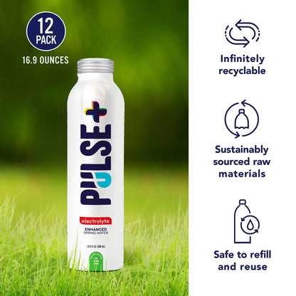 Pulse+ Electrolyte Water - Naturally Filtered Spring Water in 16.9-Ounce Aluminum Bottles, Recyclable and BPA-Free - Case of 12