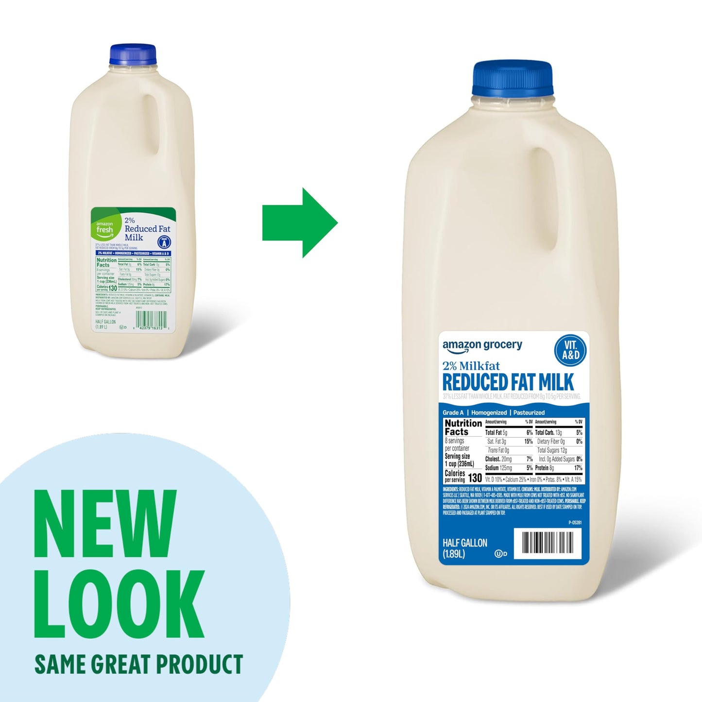 Amazon Grocery, 2% Reduced Fat MIlk, Half Gallon, 64 Fl Oz