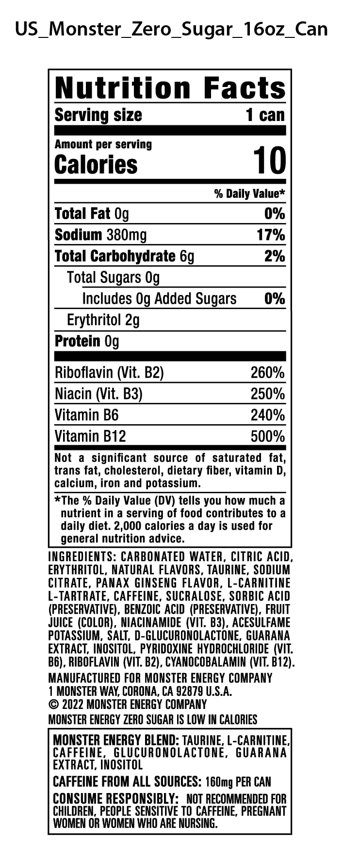 Monster Energy Zero Sugar, Low Calorie Energy Drink, 16 Ounce, 4 Pack