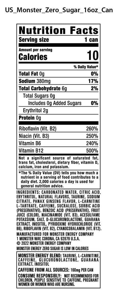 Monster Energy Zero Sugar, Low Calorie Energy Drink, 16 Ounce, 4 Pack