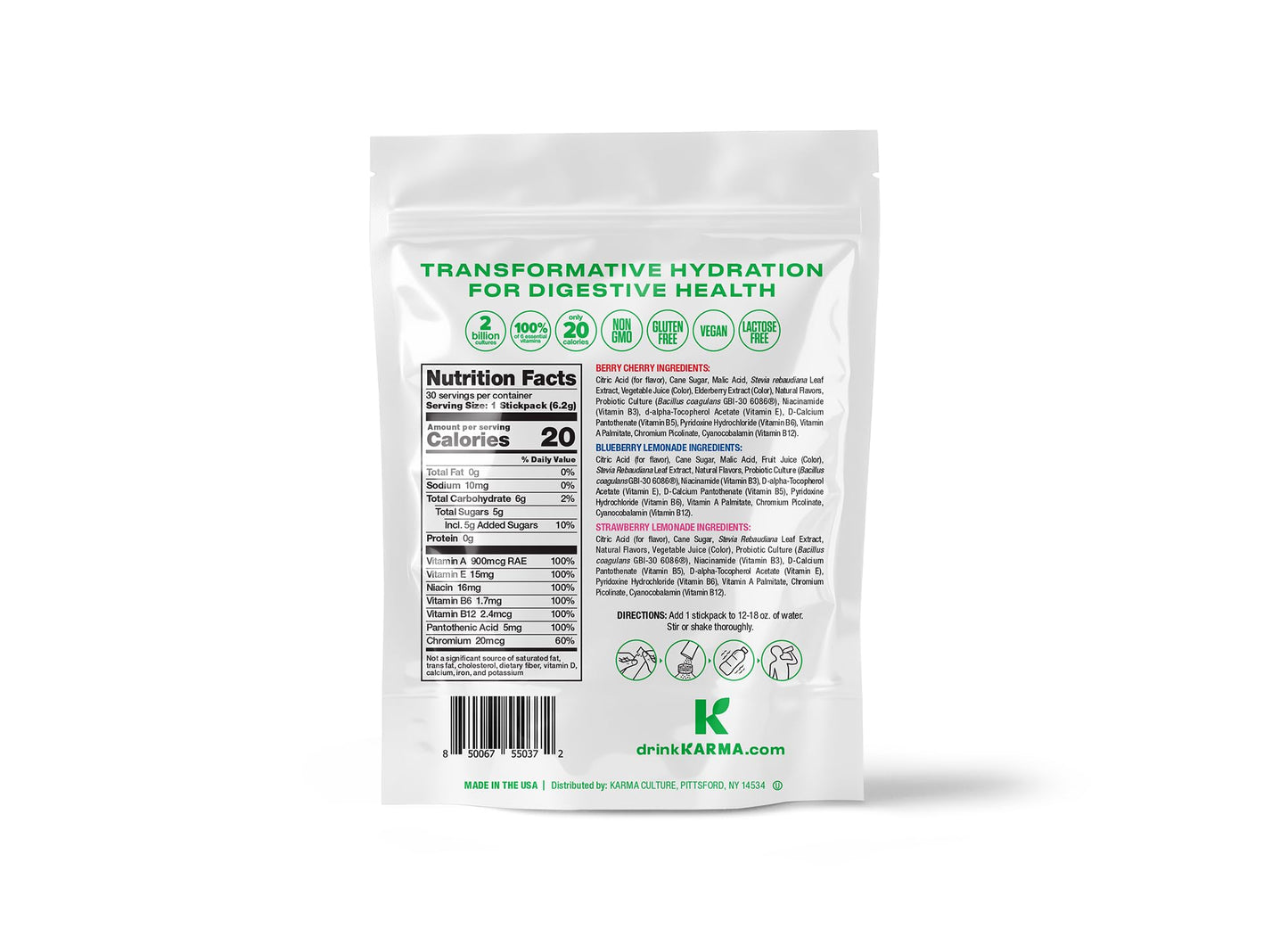 Karma Probiotic Hydration Packet - Variety Pack (Berry Cherry, Blueberry Lemonade, Strawberry Lemonade) Powder Drink Mix Sticks - On-The-Go Immune & Gut Health Support - 30 Count