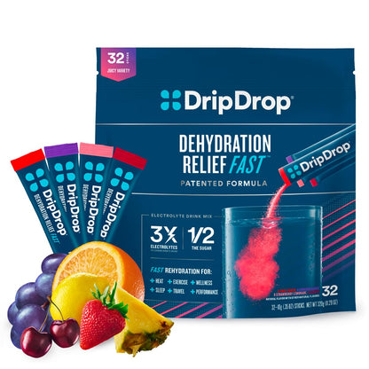DripDrop Hydration 32-Pack Juicy Grape, Fruit Punch, Strawberry Lemonade, Cherry and 16-Pack Tropical Mango, Açaí, Passion Fruit, Pineapple Coconut Electrolyte Drink Mix Variety Packs