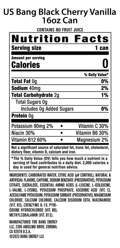 Bang Energy Black Cherry Vanilla, Sugar-Free Energy Drink, 16-Ounce | Pack of 12