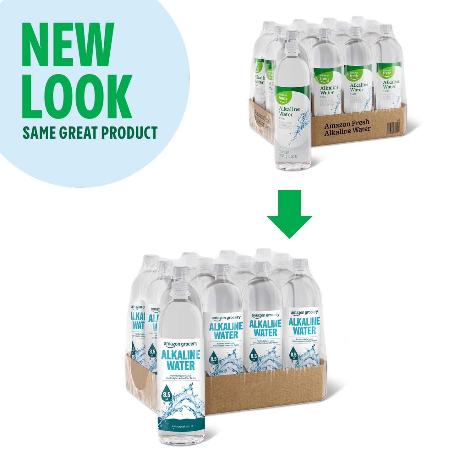 Amazon Grocery, Alkaline Water, 8.5 pH Purified Water with Electrolytes, 33.8 Fl Oz, 1L, Pack of 12