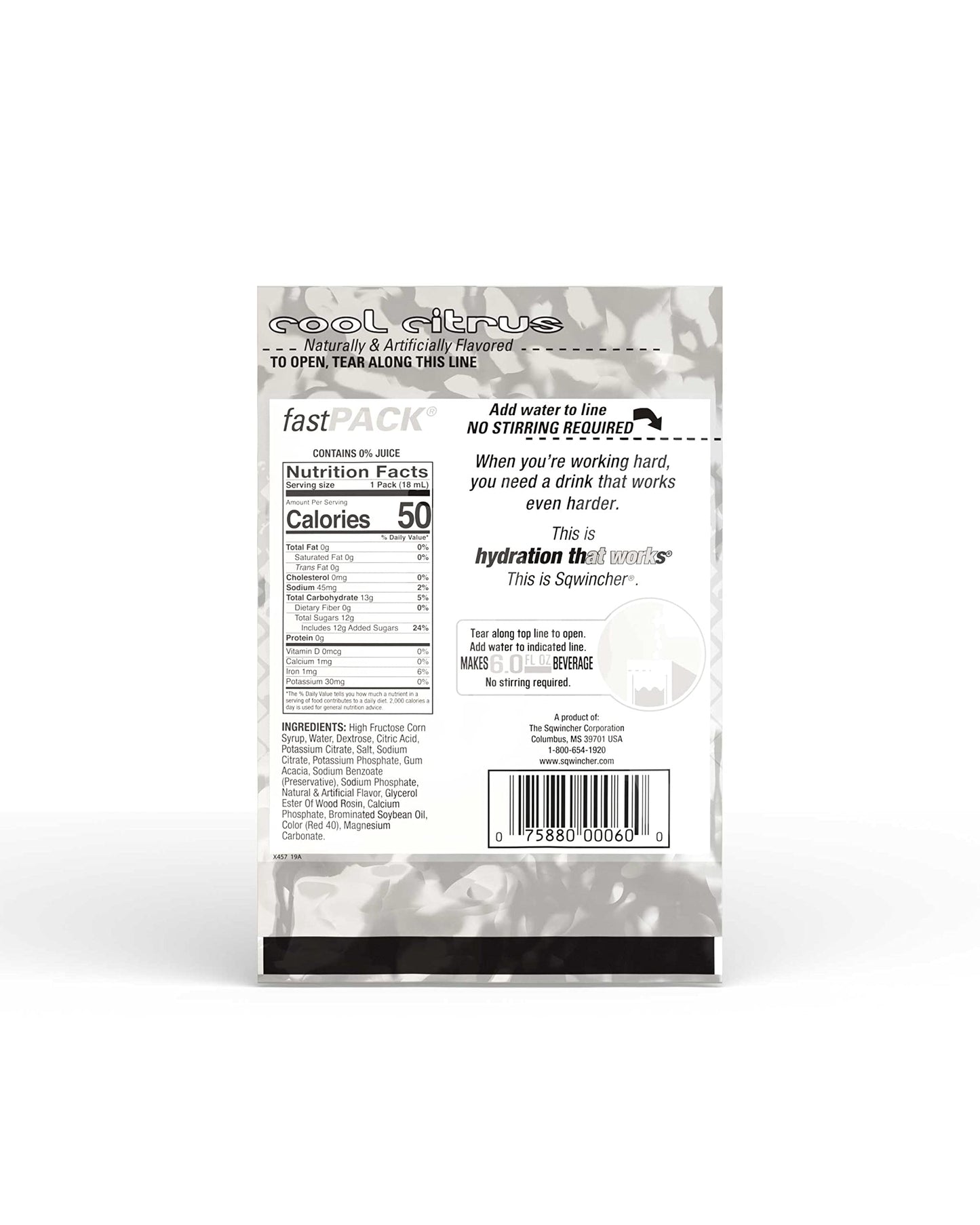 Sqwincher Fast Pack Liquid Concentrate | Cool Citrus Flavored | Low Calorie | Low Sodium | Electrolyte Replenishment Hydration Drink Mix | Just Add Water to Pouch | .6 oz Packet (4 Packs of 50)