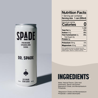 Spade Soda Dr. Spade 12 Pack, Premium All-Natural, No Sugar, No Calories, Electrolytes, Magnesium, Potassium, Healthy Non GMO, Sweet Stevia, No Artificial Sweeteners, Great Taste, Bold Taste