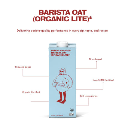 Minor Figures - Organic, Light Oat Milk, Barista Quality, 32 Fl oz, Dairy-Free & Vegan, No Added Sugar, Long Shelf Life, 1 pack)