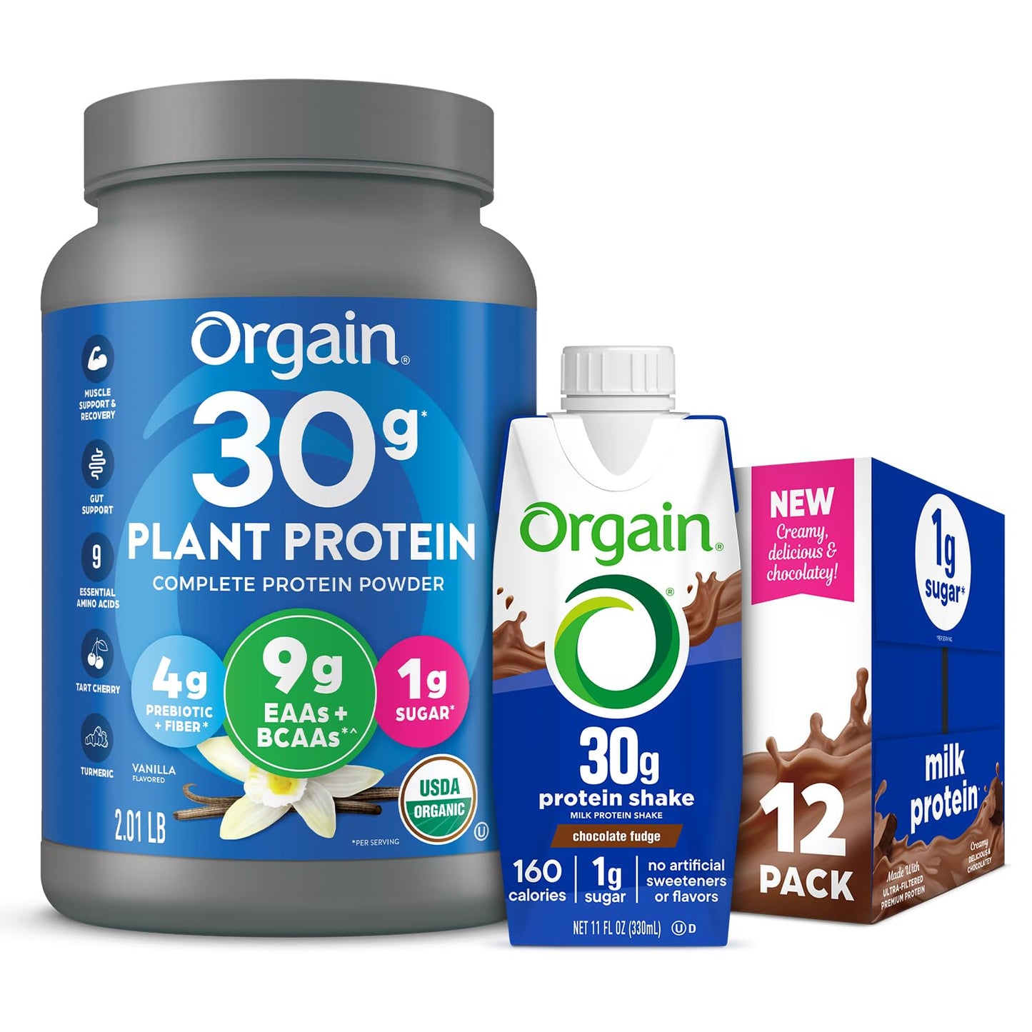 Orgain 30g High Protein Ready To Drink Shake, Chocolate Fudge, 11 Fl Oz (Pack of 12) + Orgain Organic 30g Vegan Protein Powder, Vanilla 2.01 lb (Packaging May Vary) Bundle