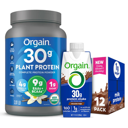 Orgain 30g High Protein Ready To Drink Shake, Chocolate Fudge, 11 Fl Oz (Pack of 12) + Orgain Organic 30g Vegan Protein Powder, Vanilla 2.01 lb (Packaging May Vary) Bundle