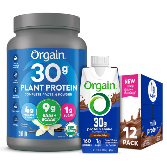 Orgain 30g High Protein Ready To Drink Shake, Chocolate Fudge, 11 Fl Oz (Pack of 12) + Orgain Organic 30g Vegan Protein Powder, Vanilla 2.01 lb (Packaging May Vary) Bundle