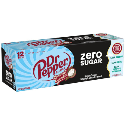 Dr Pepper Zero Sugar Creamy Coconut Soda, 12 fl oz cans, 12 Pack