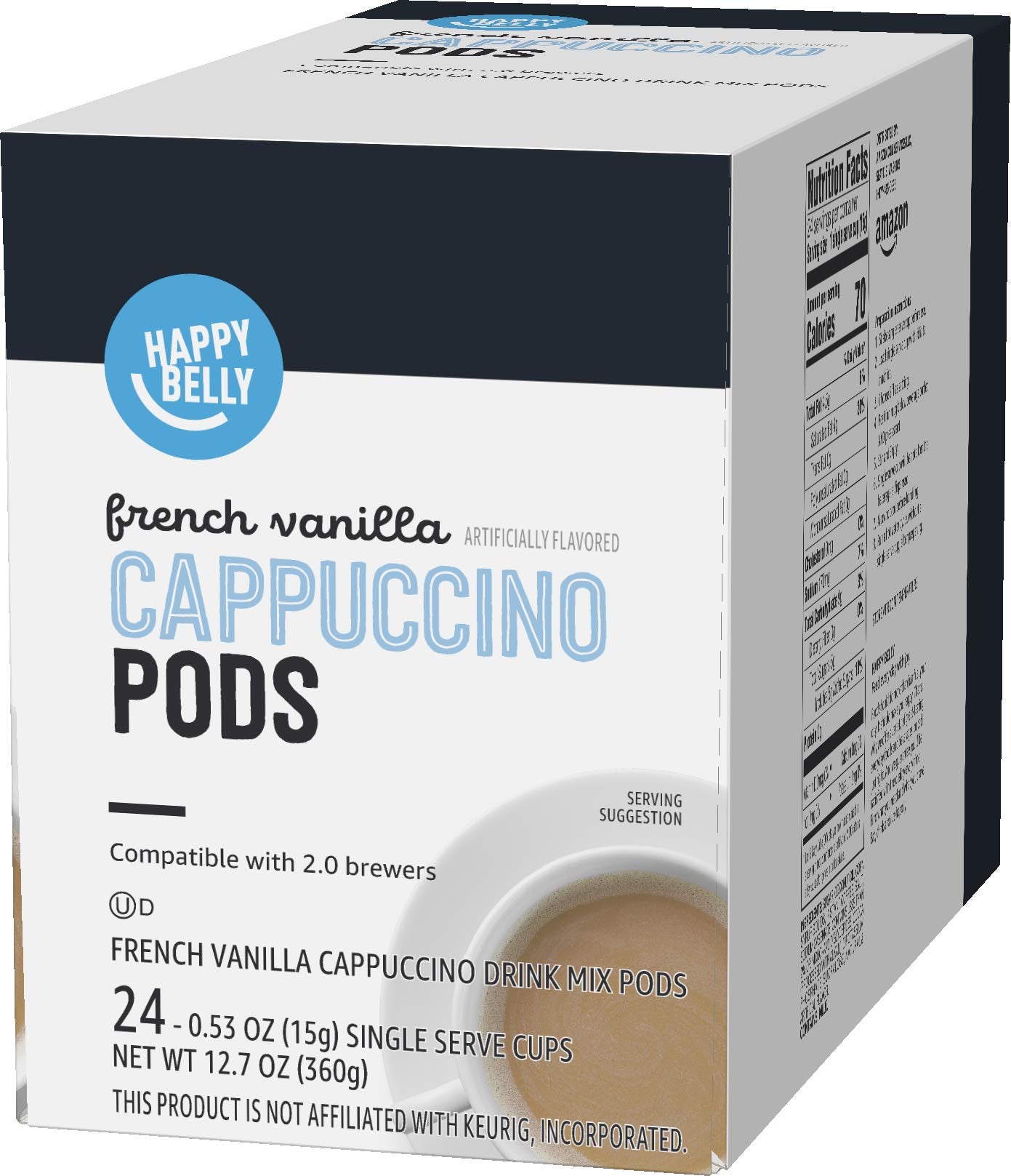 Happy Belly Cappuccino Coffee Pods Light Roast Compatible with 2.0 K-Cup Brewers, French Vanilla Flavored, 24 Count, 12.7 Ounce