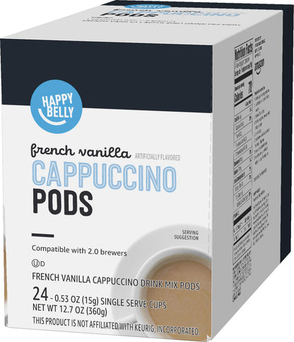 Happy Belly Cappuccino Coffee Pods Light Roast Compatible with 2.0 K-Cup Brewers, French Vanilla Flavored, 24 Count, 12.7 Ounce