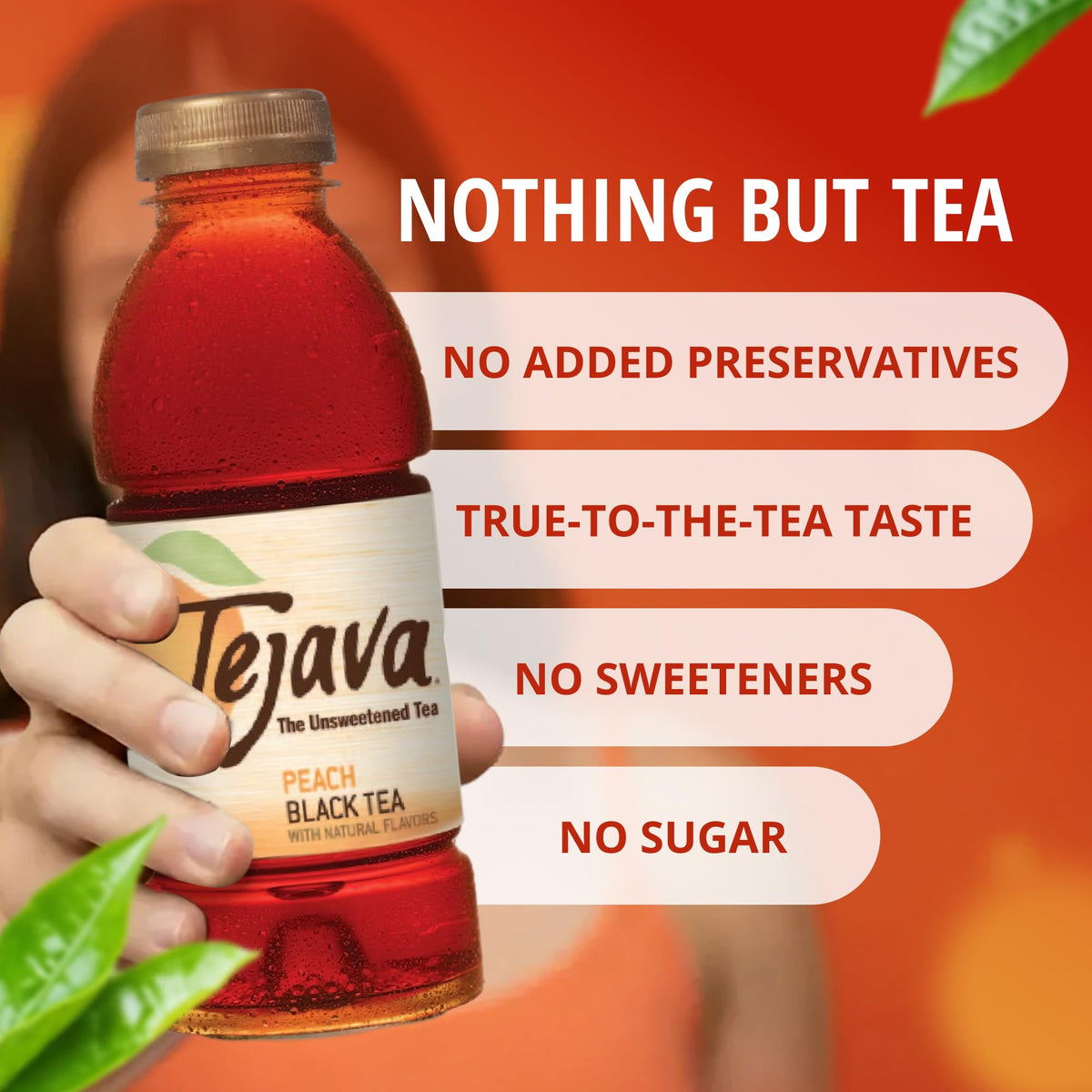 Tejava Unsweetened Peach Iced Tea, 16.9 Ounce PET Bottles, Natural, Non-GMO-Verified, Rainforest Alliance-Certified (12 Pack)