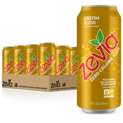 Zevia Zero Calorie Soda, Ginger Root Beer and Cream Soda, 12 and 16 Ounce Cans
