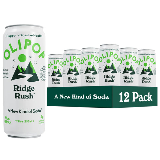 OLIPOP Sparkling Prebiotic Soda, Ridge Rush, Pantry Pack Packed with Prebiotics, Fiber, and Botanicals, Gluten Free, GMO Free, 12oz Skinny Can (12 Pack)