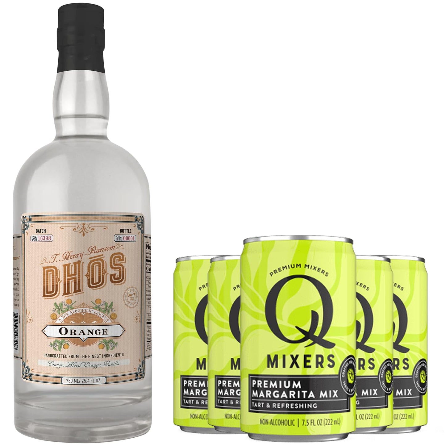 Dhos Handcrafted Non-Alcoholic Orange w 5 Pack Q Mixers Premium Margarita Mix - Keto-Friendly, Zero Sugar, Zero Calories, Zero Proof - 750 ML - Perfect for Mocktails - Made in USA