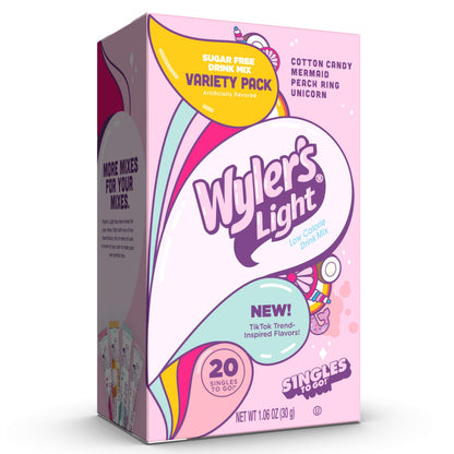 Wyler's Light Singles to Go Powder Packets, Water Drink Mix, Variety Pack, Watertok Fun Flavors, Cotton Candy, Mermaid, Peach Ring, Unicorn, Sugar & Caffeine Free, On-The-Go, 20 Count (Pack - 1)