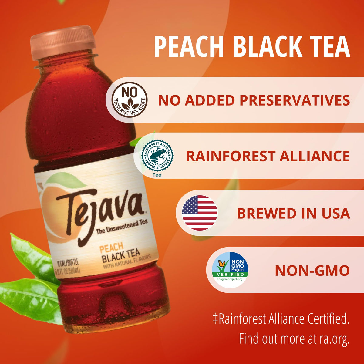 Tejava Unsweetened Peach Iced Tea, 16.9 Ounce PET Bottles, Natural, Non-GMO-Verified, Rainforest Alliance-Certified (12 Pack)