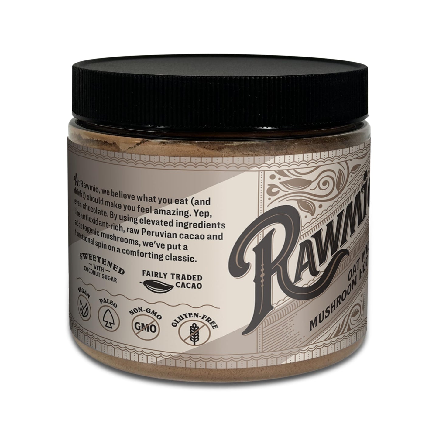 Rawmio Oat Milk Mushroom Hot Chocolate - Vegan, Kosher, Low-Fat and Gluten-Free | Pack of 1 | 8.5 oz