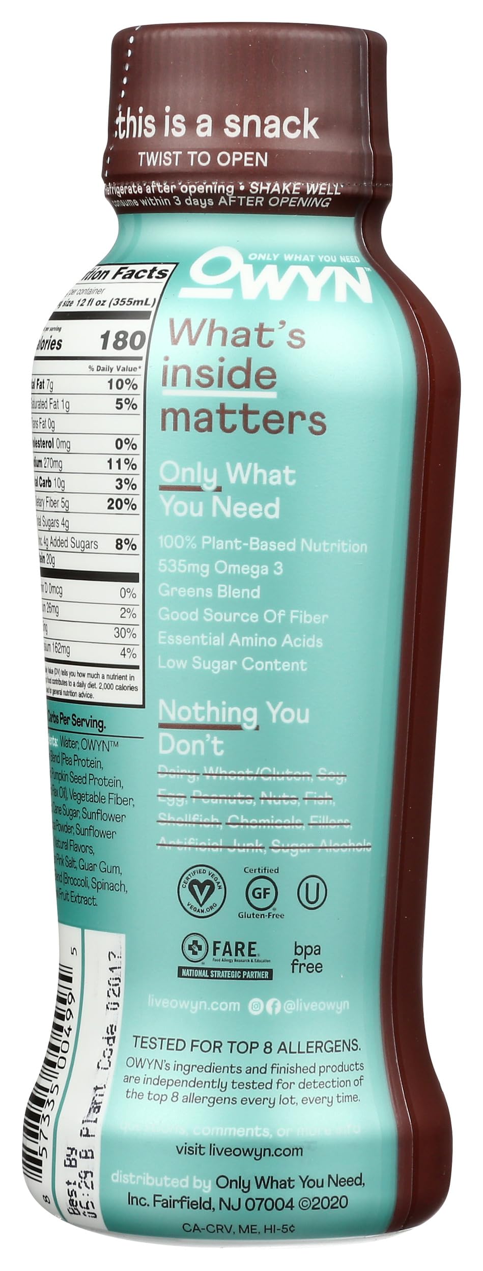 OWYN Dark Chocolate Plant Based Protein Shake, 12 FZ