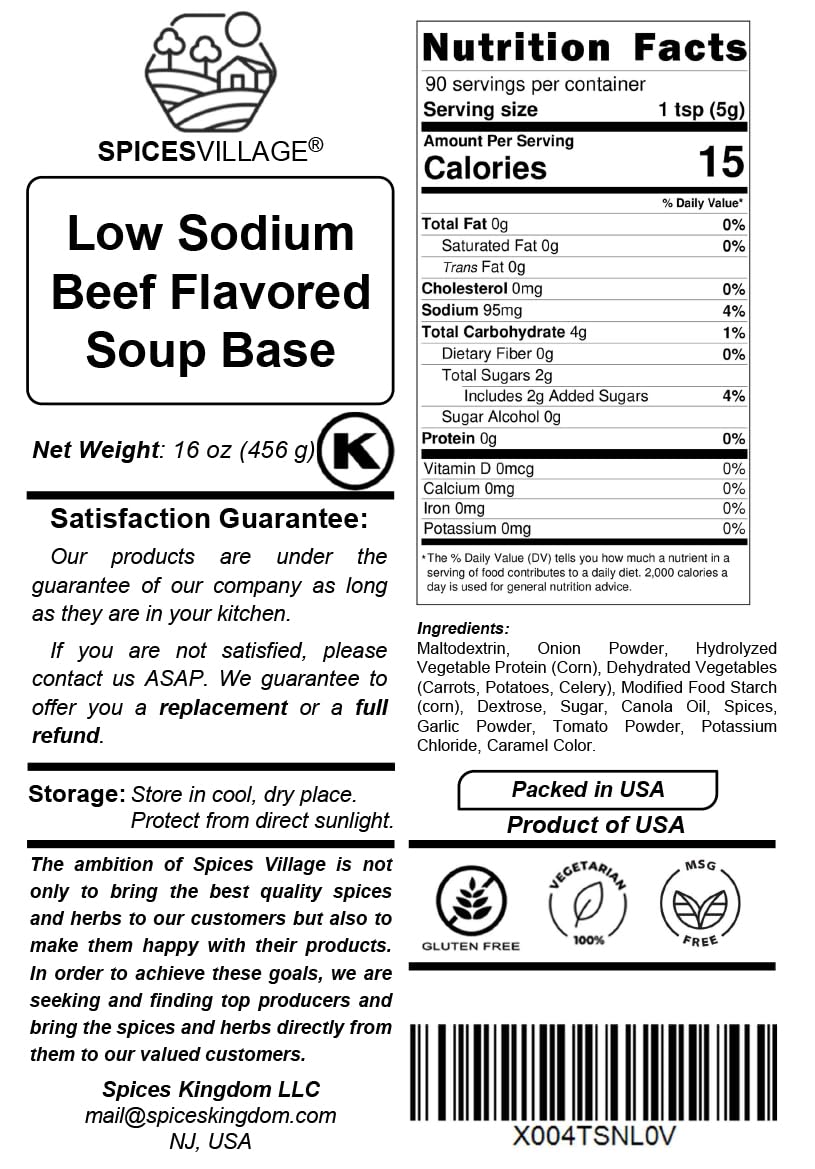 Spices Village Low Sodium Beef Ramen Seasoning, Gluten Free Beef Base, Ramen Broth, Beef Soup Base Powder for Noodle Soup, 16 oz, No MSG Added, Kosher