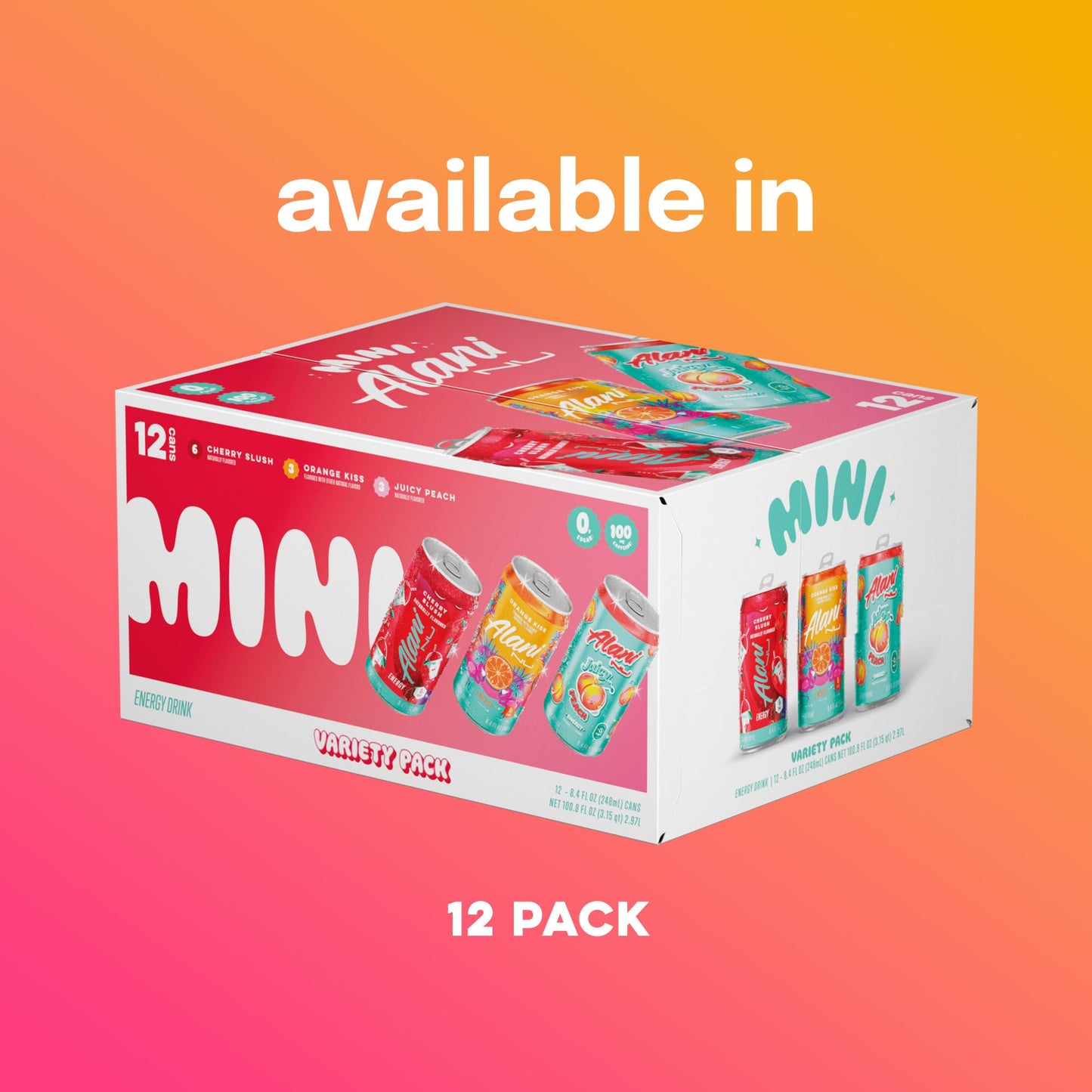 Alani Nu VARIETY PACK (CHERRY SLUSH, JUICY PEACH, ORANGE KISS), Low Calorie Energy Drinks, 100mg Caffeine, Biotin, B Vitamins, Zero Sugar, 10 Calories or Less, 8 Fl Oz Cans, 12 Pack