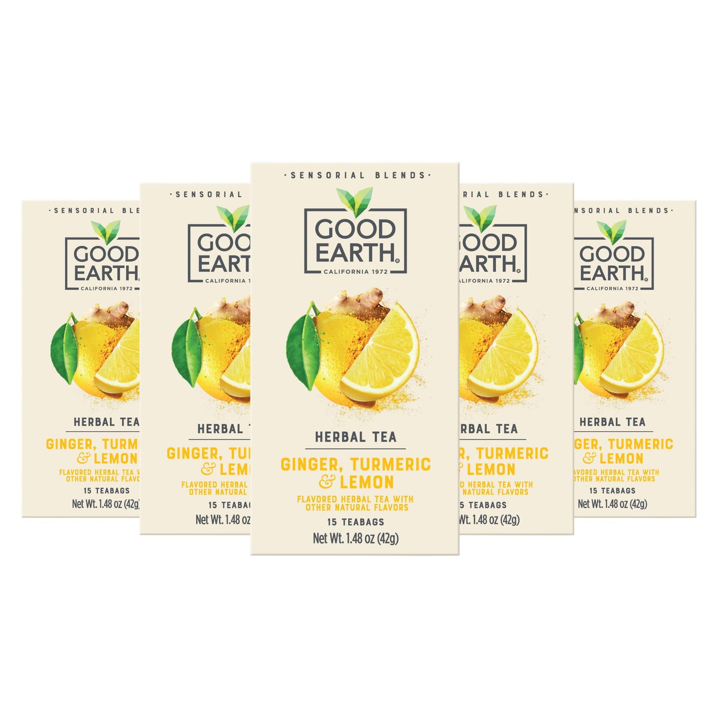 Good Earth Sensorial Blend Flavored Herbal Tea Ginger, Turmeric and Lemon, No Artificial Color, No Preservatives, 15 Bag (Pack of 5)