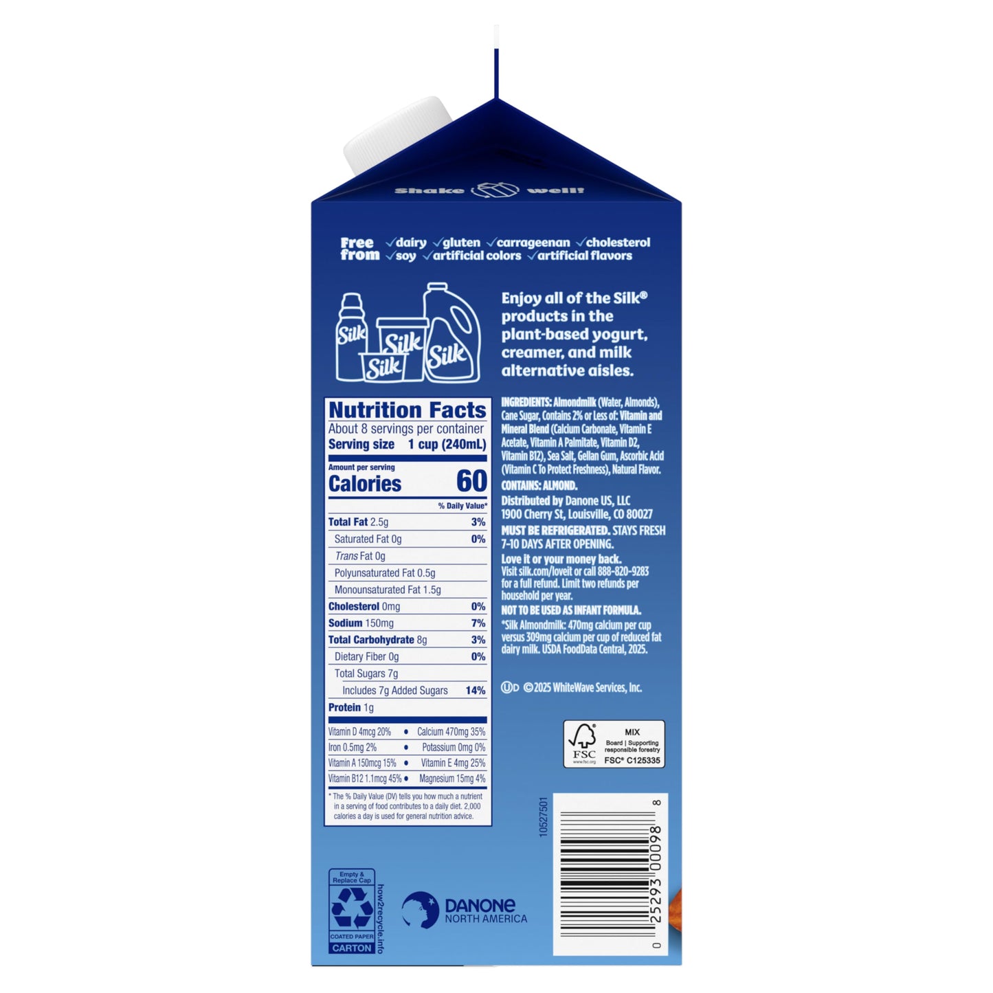 Silk Almond Milk, Original, Dairy Free, Gluten Free, Seriously Creamy Vegan Milk with 50% More Calcium than Dairy Milk, 64 FL OZ Half Gallon