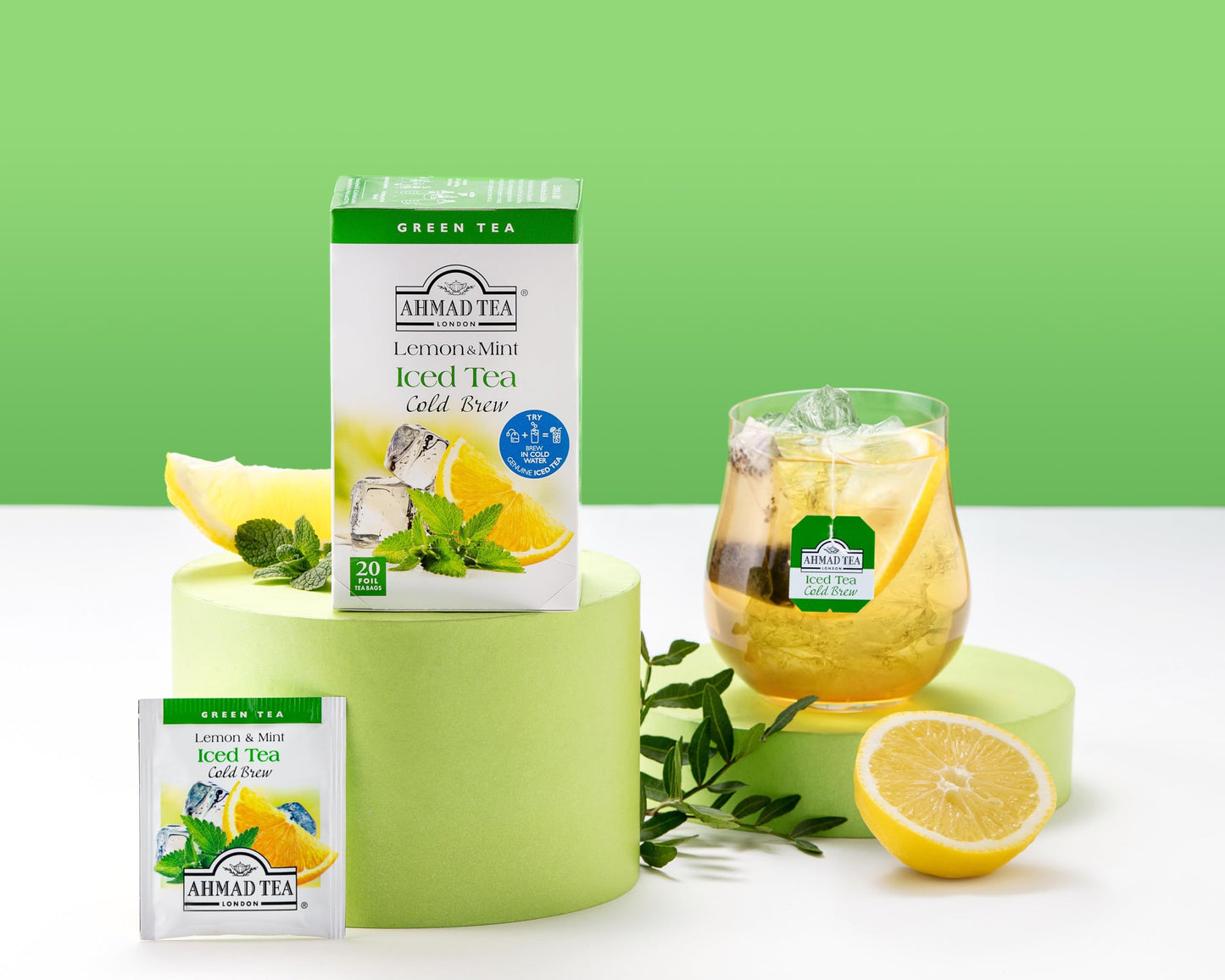 Ahmad Tea Green Tea, Cold Brew Lemon and Mint Teabags, Iced Tea, 20 ct (Pack of 1) - Caffeinated and Sugar-Free
