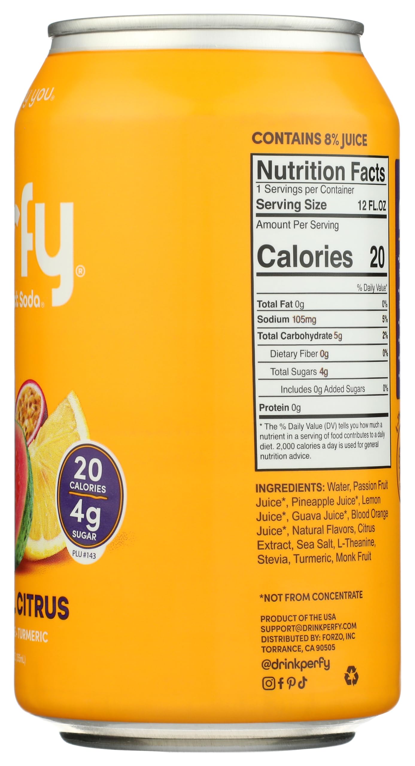 PERFY Soda Superfood Nootropic Soft Drink | Low Sugar, Low Carb, Gluten Free, Caffeine Free, Keto Soda | All Natural Soft Drink Made With Real Fruit Juice, L-theanine & turmeric | 12 Pack (Tropical Citrus)
