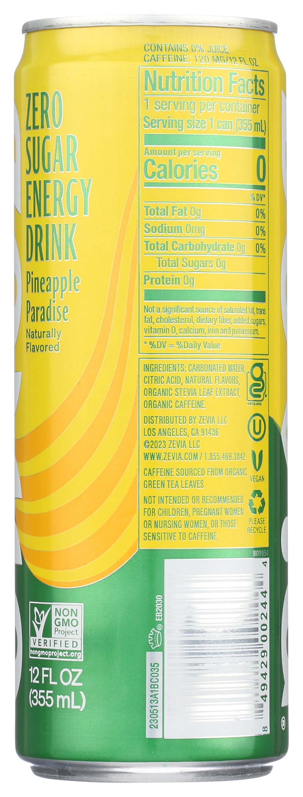 Zevia Zero Calorie Energy Drink, Pineapple Paradise, 12 Ounce Can