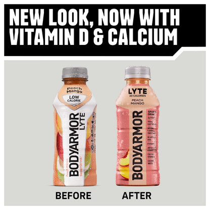 BODYARMOR LYTE Sports Drink Low-Calorie Sports Beverage, Peach Mango, Natural Flavors With Vitamins, Potassium-Packed Electrolytes, No Preservatives, Perfect For Athletes, 16 Fl Oz