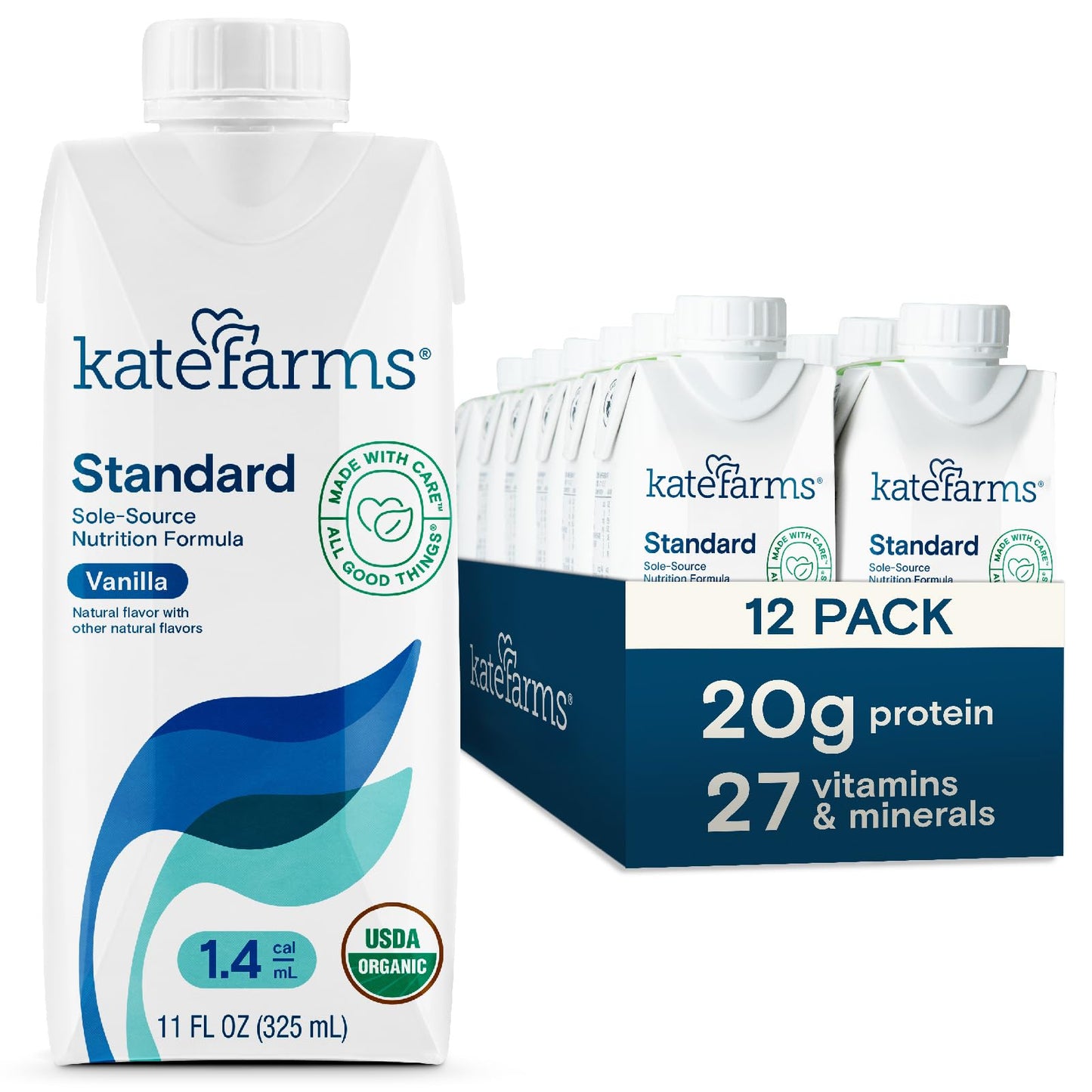 KATE FARMS Organic 1.4 High Calorie Nutrition Shake, Vanilla, 20g Protein, 27 Vitamins and Minerals, Meal Replacement, Protein Shake, 11 oz (12 Pack)