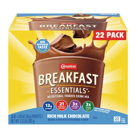 Carnation Breakfast Essentials Powder Drink Mix, Rich Milk Chocolate, 22 Count Box of 1.26 Ounce Packets