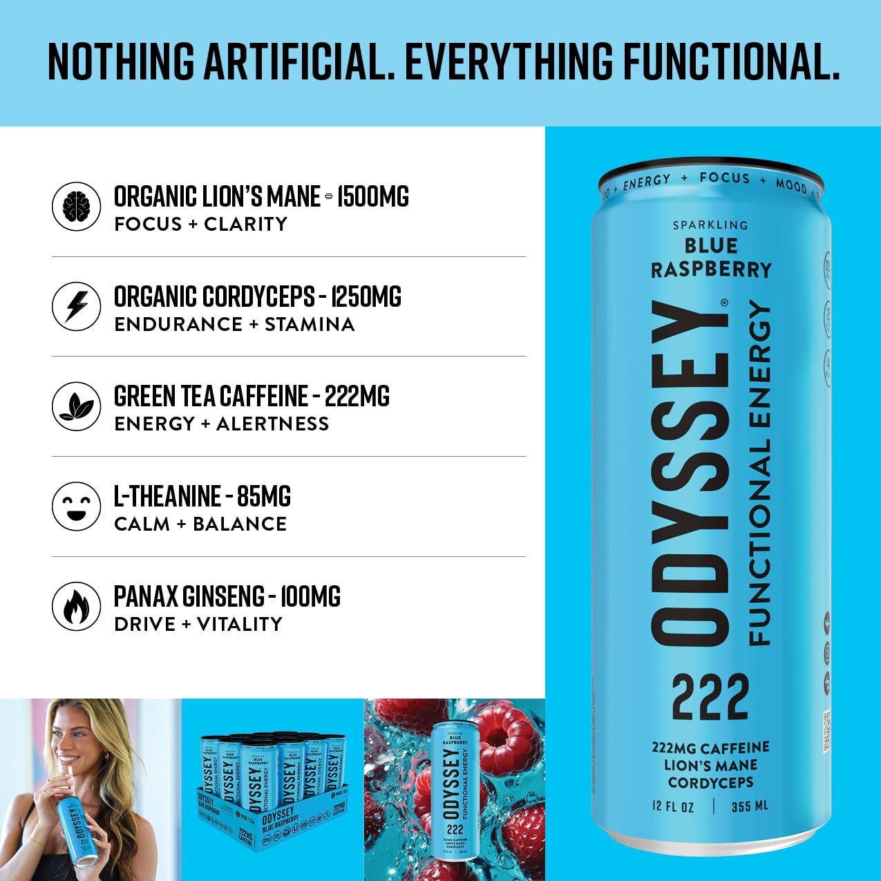 Odyssey Functional Energy Drink for Focus, Cognition & Mood Support 12 Pack - Adaptopgenic Drink with 222mg Green Tea Caffeine, Lion’s Mane, Cordyceps, L-Theanine & Ginseng - Sparkling Blue Raspberry