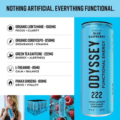 Odyssey Functional Energy Drink for Focus, Cognition & Mood Support 12 Pack - Adaptopgenic Drink with 222mg Green Tea Caffeine, Lion’s Mane, Cordyceps, L-Theanine & Ginseng - Sparkling Blue Raspberry