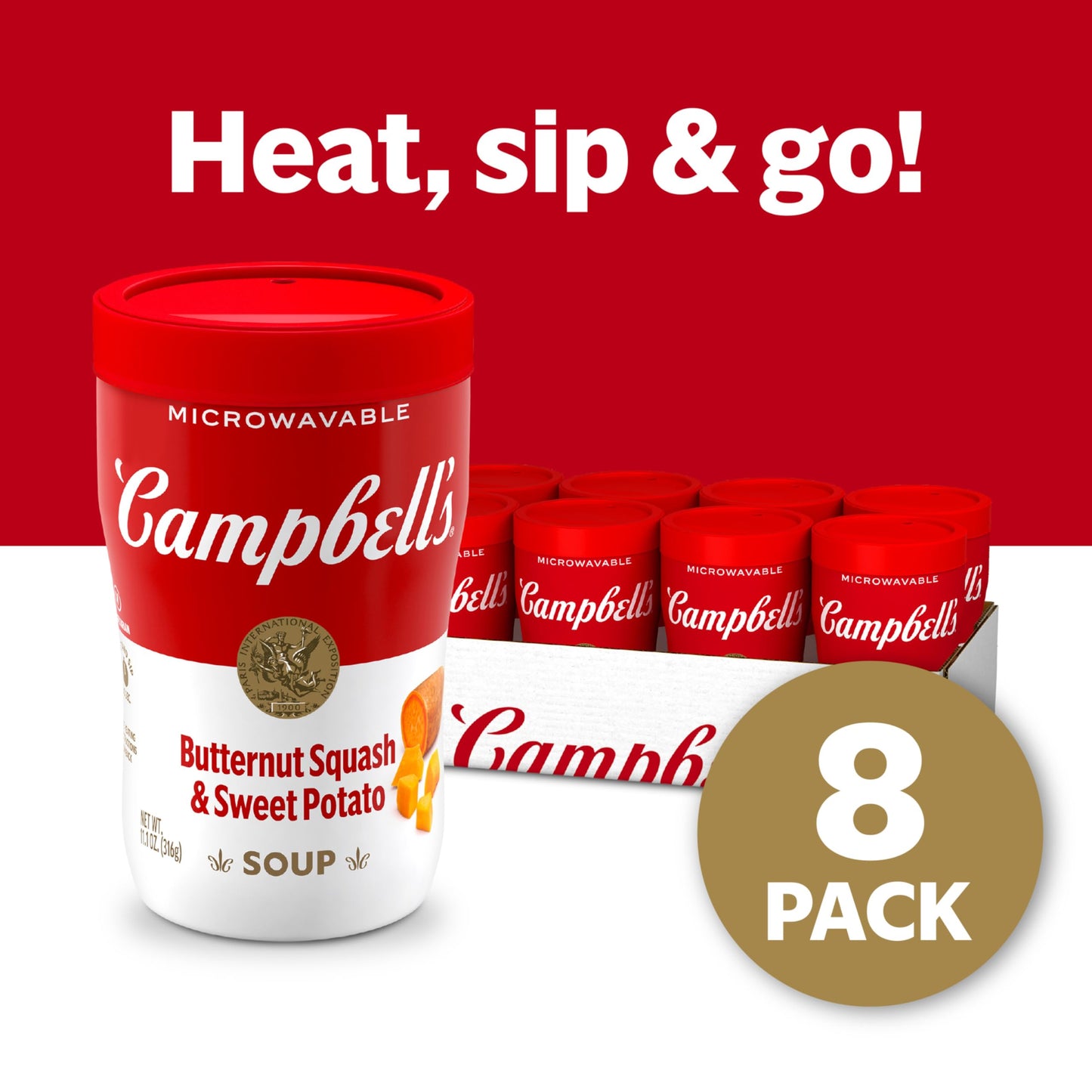 Campbell’s Sipping Soup, Butternut Squash and Sweet Potato Soup, 11.1 oz Microwavable Cup (8 Pack)