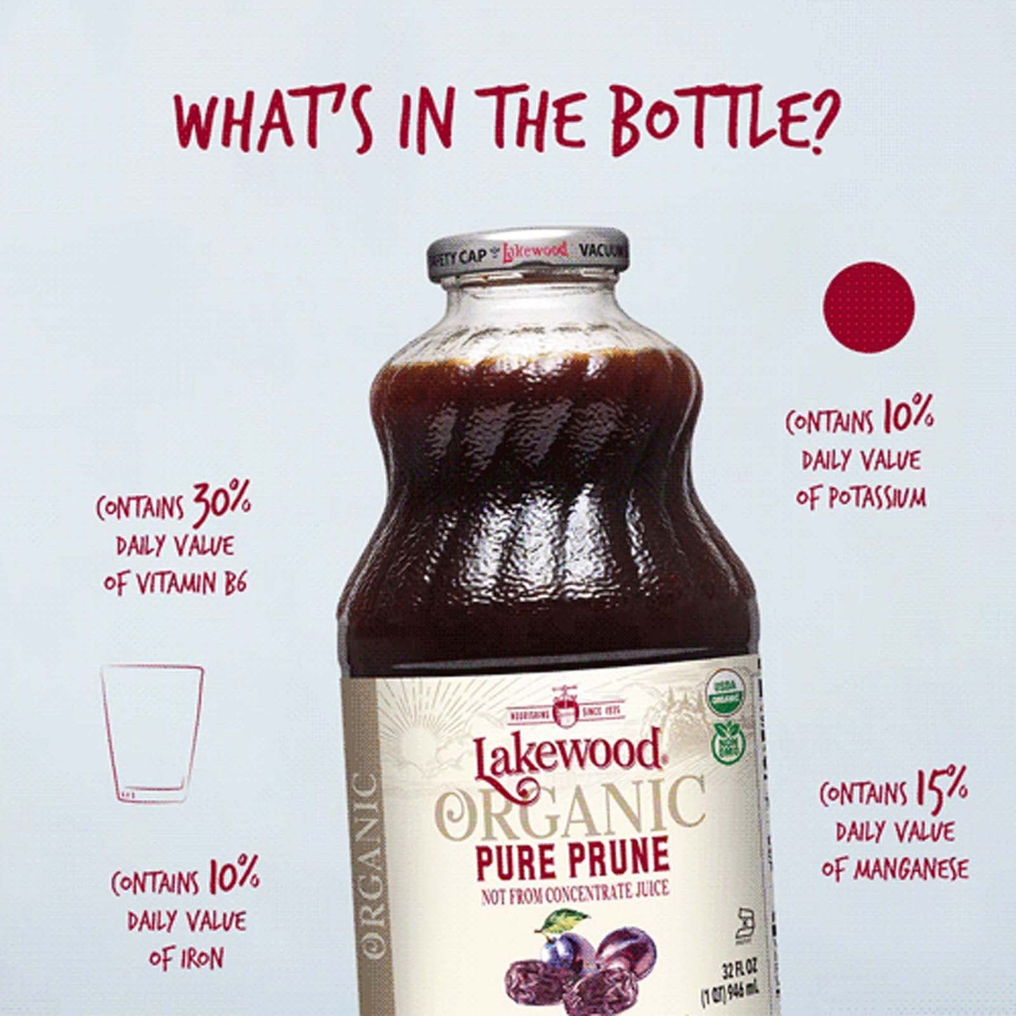 Lakewood Organic 100% Juice Pure Prune (1 X 32 FL OZ) (Pack of 2)