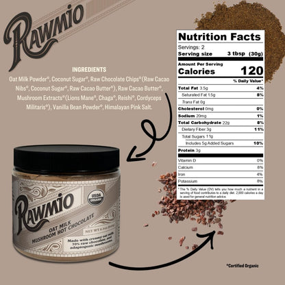 Rawmio Oat Milk Mushroom Hot Chocolate - Vegan, Kosher, Low-Fat and Gluten-Free | Pack of 1 | 8.5 oz