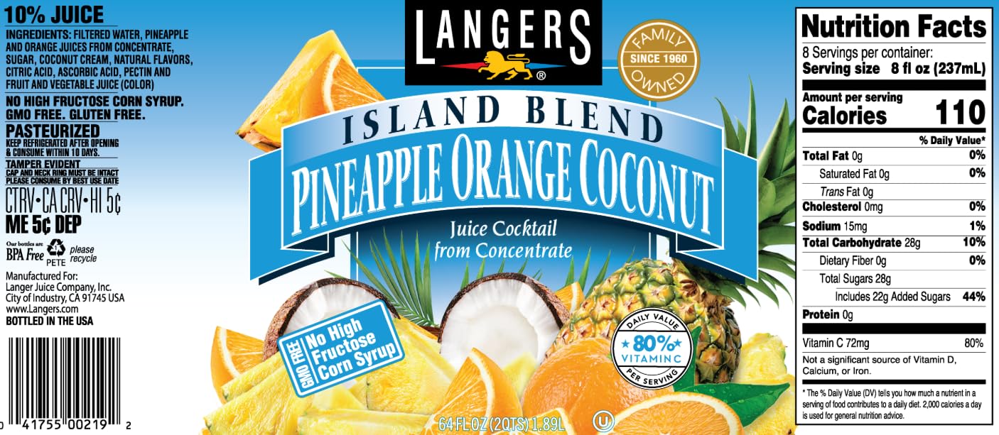 Langers Tropical Variety Pack, Mango Orange Passionfruit, Pineapple Orange Guava, Island Blend, Mongo Mango, 64 fl oz (Pack of 4)