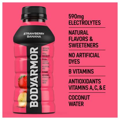 BODYARMOR Sports Drink, Strawberry Banana, Electrolyte Drink Hydration, 12 Fl Oz Bottles (8 Pack), Flavored Coconut Water with B Vitamins & Antioxidants