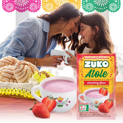 Zuko Atole Strawberry Instant Corn Starch Mix | Fortified with Vitamins | Just Add Hot Water | Microwaveable In Only 2 Minutes | 1.6 Ounce (Pack of 24)