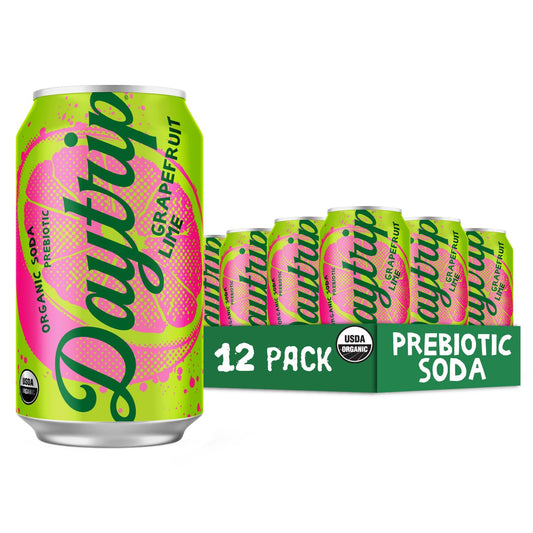 Daytrip Organic Sparkling Prebiotic Soda, Low Sugar Soda and Low Calorie Healthy Soda Alternative, Prebiotic Drink for Gut Health Drink and Digestion, Refreshing Functional Beverage with Plant-Based Fiber, 12-Pack - Grapefruit