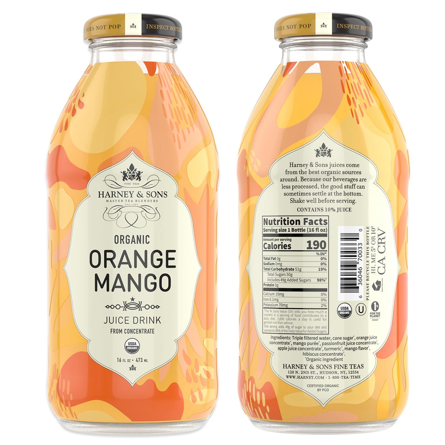 Harney & Sons Organic Orange Mango Juice Drink, Glass Bottles, 16 Fl Oz (Pack of 12)