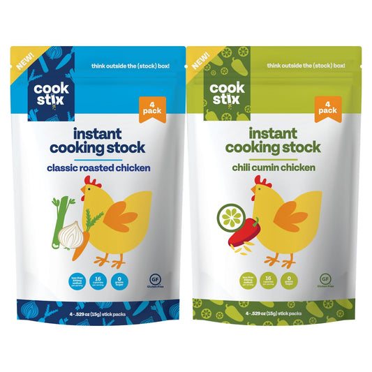 Cookstix Essentials Pack – Classic & Chili Cumin Lime Chicken Stock Sticks – Clean-Label Instant Broth (2 x 4 Packs)