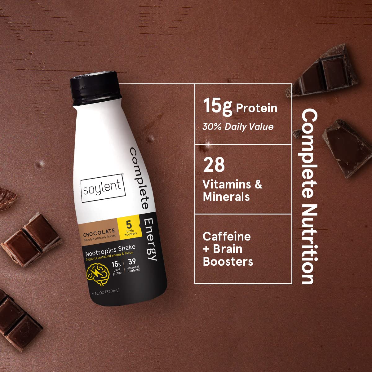 Soylent Chocolate High Protein Shake 30g Vegan Protein, Complete Energy Gluten-Free Vegan Protein Nootropics Shake, Chocolate, 11 Oz (12 Pack)